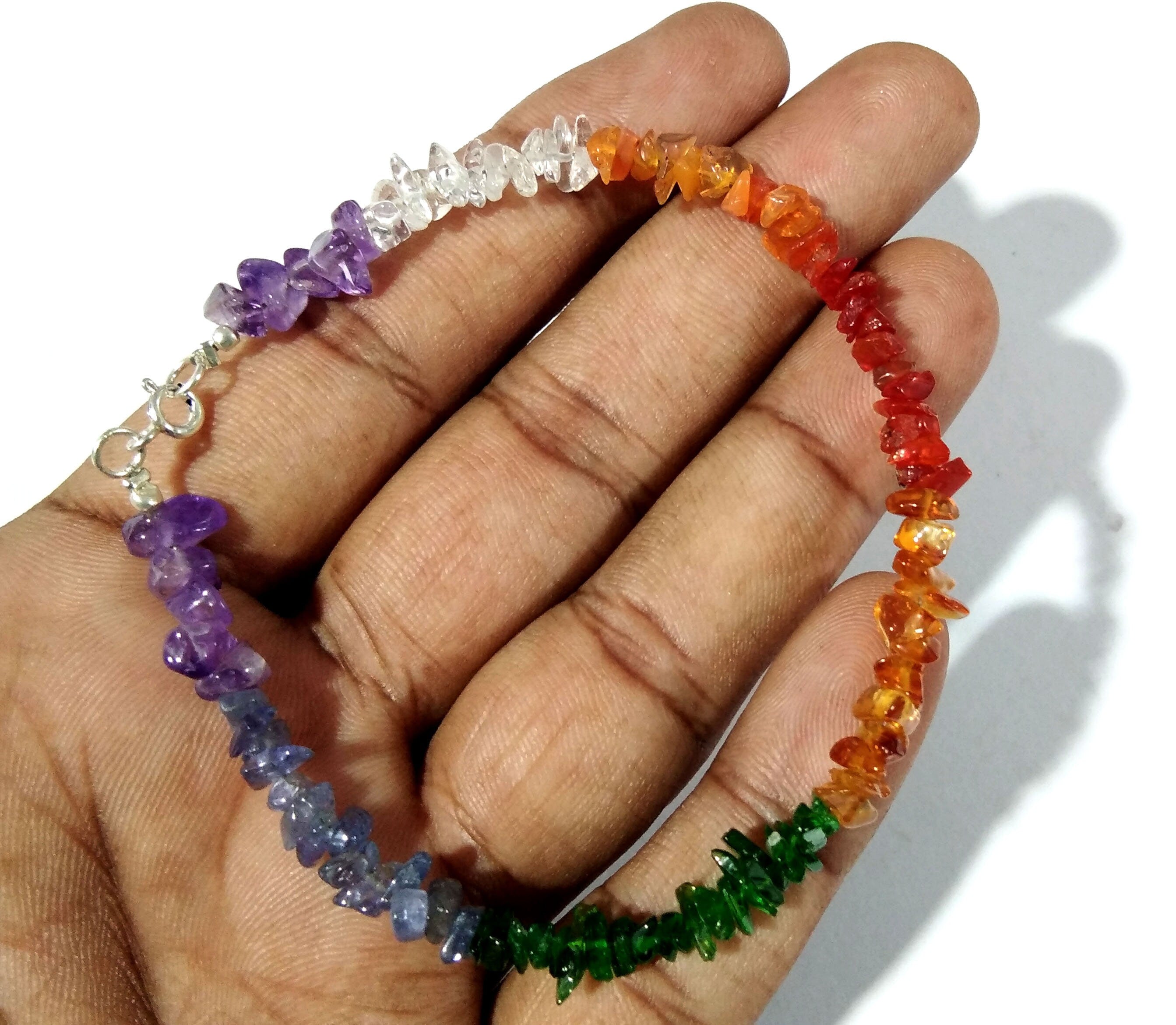 Natural Multi Rough Stone Chakras Healing Bracelet Jewelry, Real Raw Gemstone 925 Sterling Silver Beaded Gemstone Bracelet Gift For Women